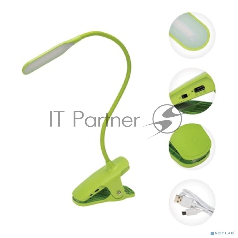 Rexant 609-036 Светильник настольный Click 4Вт, LED, 4000К, диммируемый 3 ступени, заряжаемый, на прищепке, зеленый