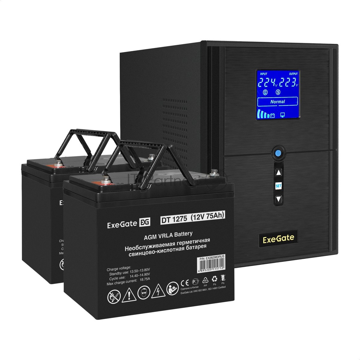 Комплект Источник бесперебойного питания EX295989RUS + батарея 75Aч EX282983RUS 2шт (инвертор, синус, для котла) ExeGate SineTower SZ-2000.LCD.AVR.3SH.1C13.USB <2000VA/1600W, чистый синусоида, LCD дисплей, AVR, 3хSchuko+1хC13, USB, линейно-интерактивный, Black> + батарея ExeGate DT 1275 (12В, 75Ач) 2шт