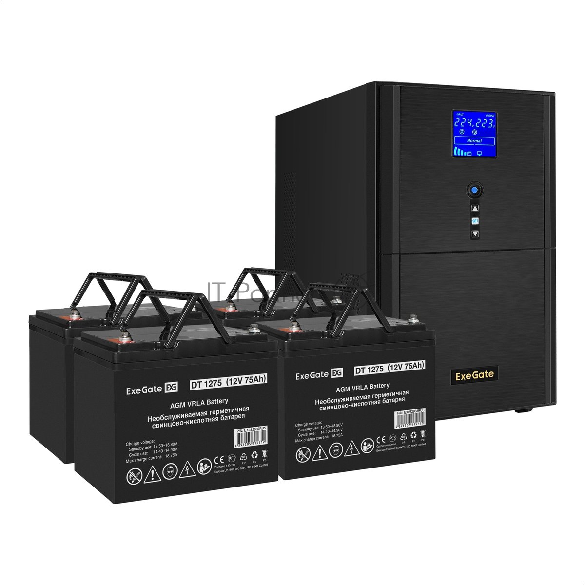 Комплект Источник бесперебойного питания EX295991RUS + батарея 75Aч EX282983RUS 4шт (инвертор, синус, для котла) ExeGate SineTower SZ-5000.LCD.AVR.2SH.1C13.T.RJ.USB <5000VA/4000W, чистый синусоида, LCD дисплей, AVR, 2хSchuko+1хC13+клеммы, RJ45/11, USB, линейно-интерактивный, Black> + батарея ExeGate DT 1275 (12В, 75Ач) 4шт
