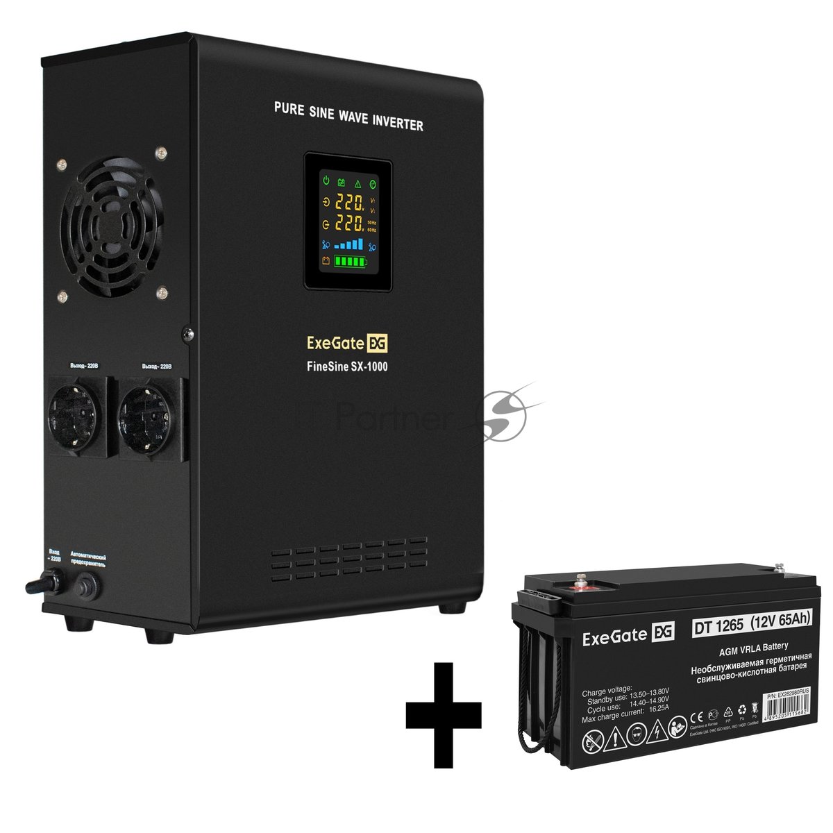 Комплект Источник бесперебойного питания EX295997RUS + батарея 65Aч EX282980RUS 1шт ExeGate FineSine SX-1000.LCD.AVR.2SH + батарея ExeGate DT 1265 (12В, 65Ач) 1шт