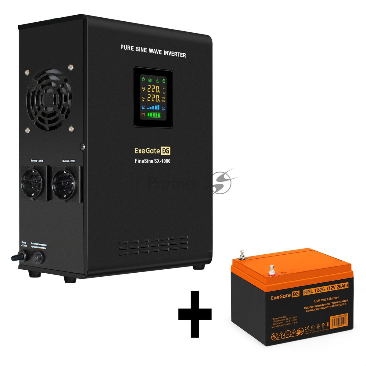 Комплект Источник бесперебойного питания EX295997RUS + батарея 26Aч EX285663RUS 1шт (инвертор, синус, для котла, настенный) ExeGate FineSine SX-1000.LCD.AVR.2SH <1000VA/600W, чистая синусоида, цветной LCD-дисплей, AVR, 2*Schuko, линейно-интерактивный, крепление настенное/универсальное, черный> + батарея ExeGate HRL 12-26 (12В, 26Ач) 1шт