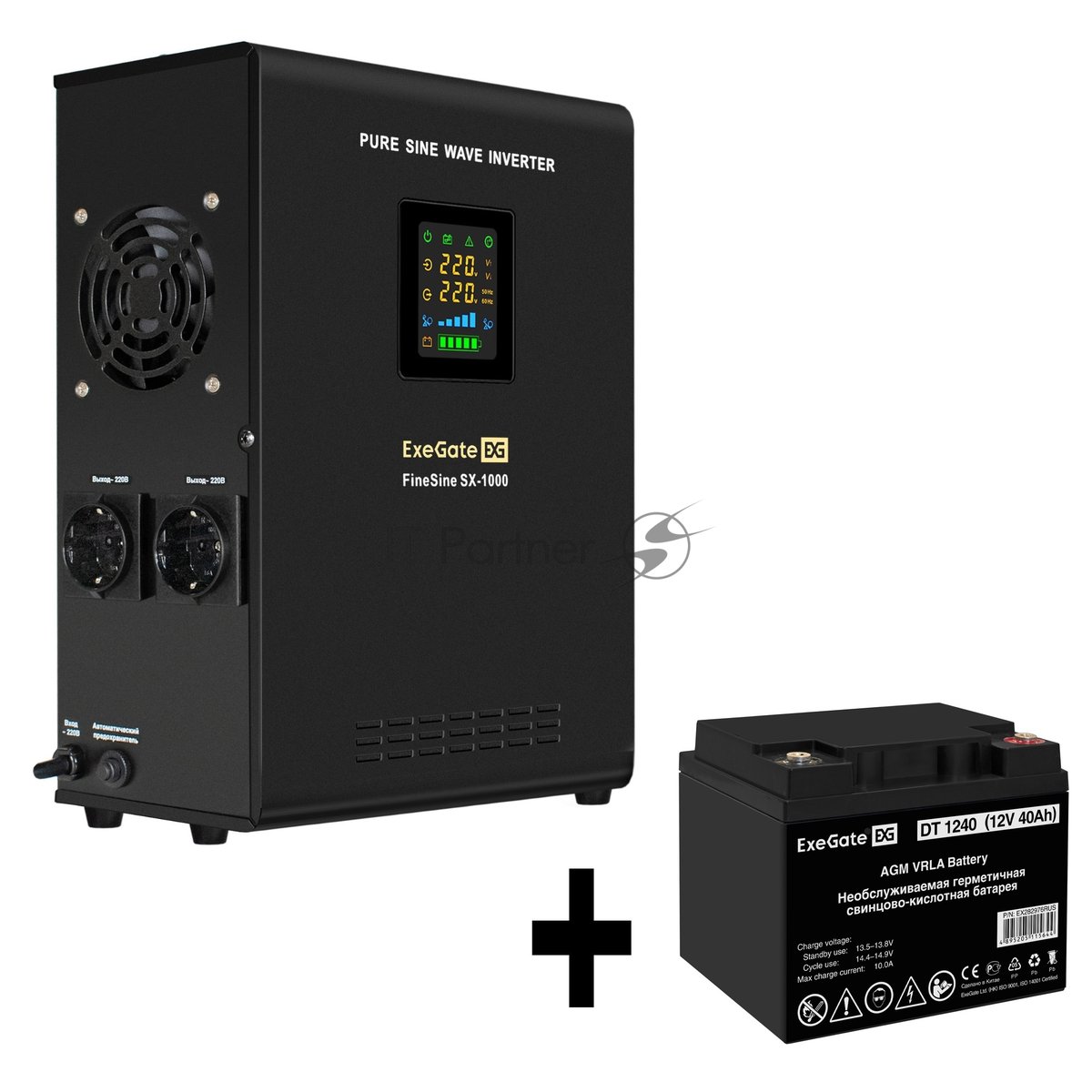 Комплект Источник бесперебойного питания EX295997RUS + батарея 40Aч EX282976RUS 1шт (инвертор, синус, для котла, настенный) ExeGate FineSine SX-1000.LCD.AVR.2SH <1000VA/600W, чистая синусоида, цветной LCD-дисплей, AVR, 2*Schuko, линейно-интерактивный, крепление настенное/универсальное, черный> + батарея ExeGate DT 1240 (12В, 40Ач) 1шт
