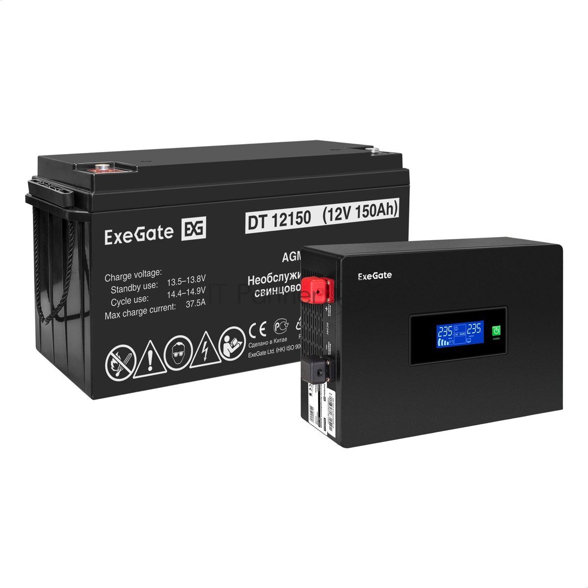 Комплект Источник бесперебойного питания EX295993RUS + батарея 150Aч EX282990RUS 1шт (инвертор, синус, для котла, PF=1, настенный) ExeGate IdealSine SR-1000.LCD.2SH  1000VA/1000W, чистая синусоида, цветной LCD-дисплей, 2*Schuko, крепление настенное, Black + батарея ExeGate DT 12150 (12В, 150Ач) 1шт