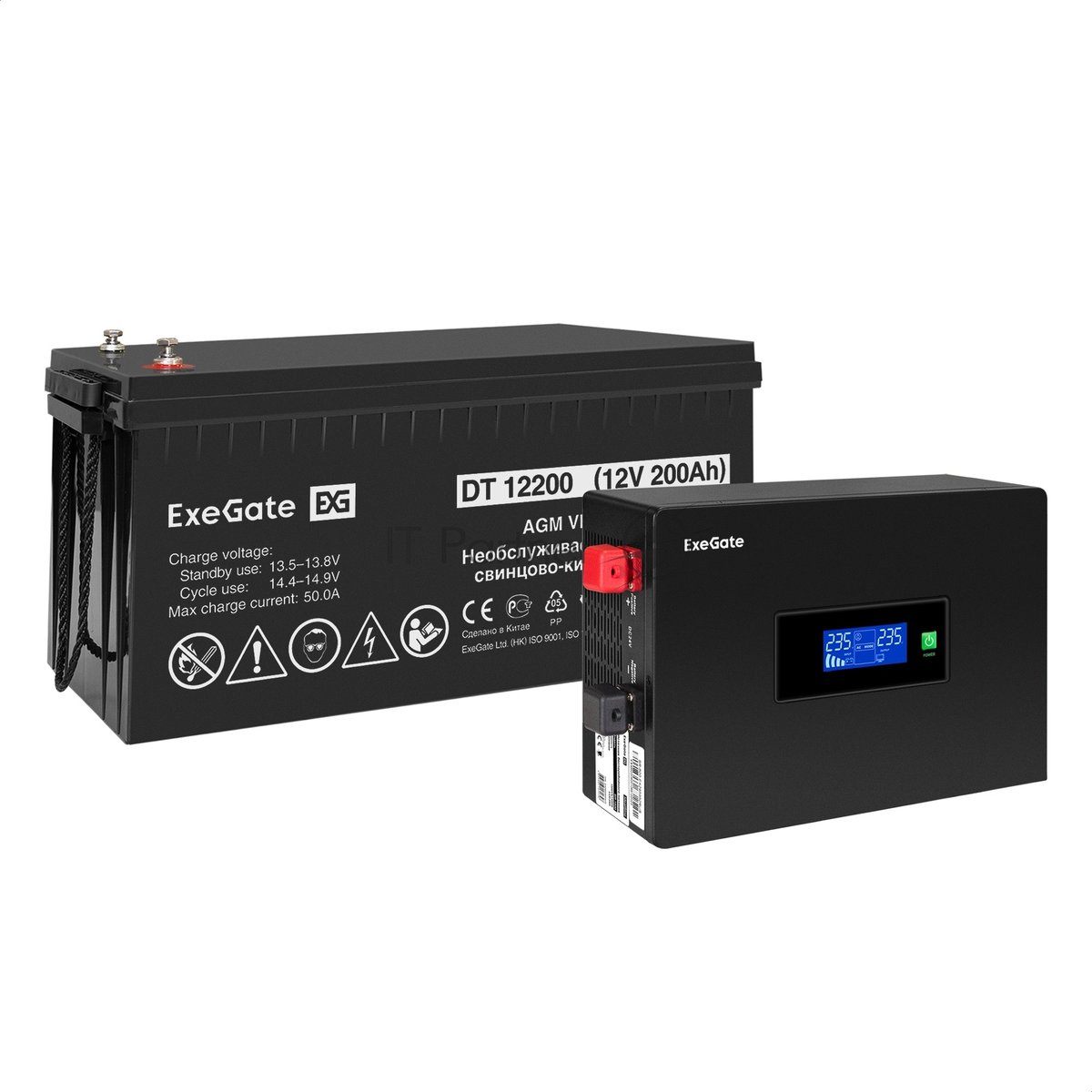 Комплект Источник бесперебойного питания EX295993RUS + батарея 200Aч EX282991RUS 1шт (инвертор, синус, для котла, PF=1, настенный) ExeGate IdealSine SR-1000.LCD.2SH  1000VA/1000W, чистая синусоида, цветной LCD-дисплей, 2*Schuko, крепление настенное, черный + батарея ExeGate DT 12200 (12В, 200А·ч) 1шт