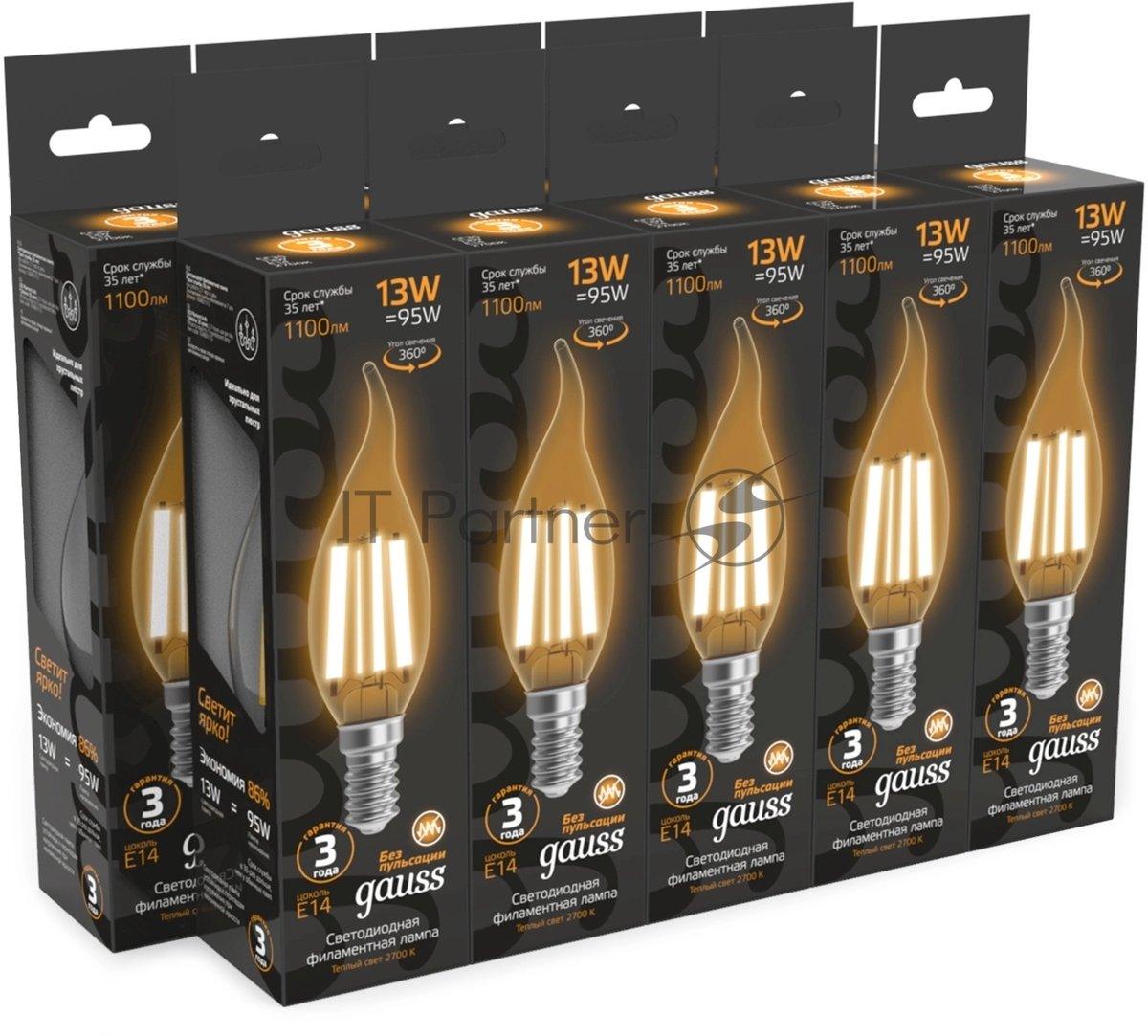 Лампа филам. Gauss Filament 13Вт цок.:E14 свеча св.свеч.бел.теп. (упак.:10шт) (104801113)