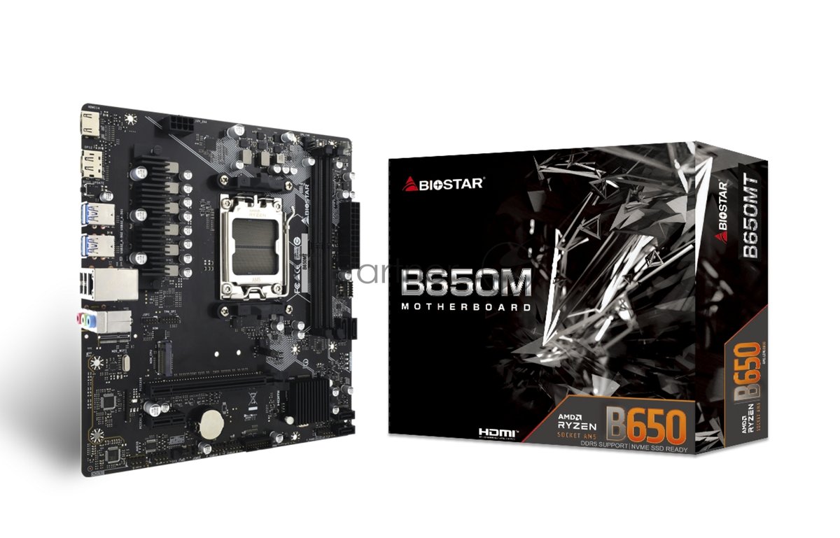 Материнская плата Biostar B650MT, AM5, AMD B650, 2xDDR5, 4xSATA, 1xM.2, 1xPCIe 4.0 x16, 1xPCIe x1, DisplayPort, HDMI, 1x 1Gb LAN, 6xUSB, 3x3.5 мм, 7.1, microATX