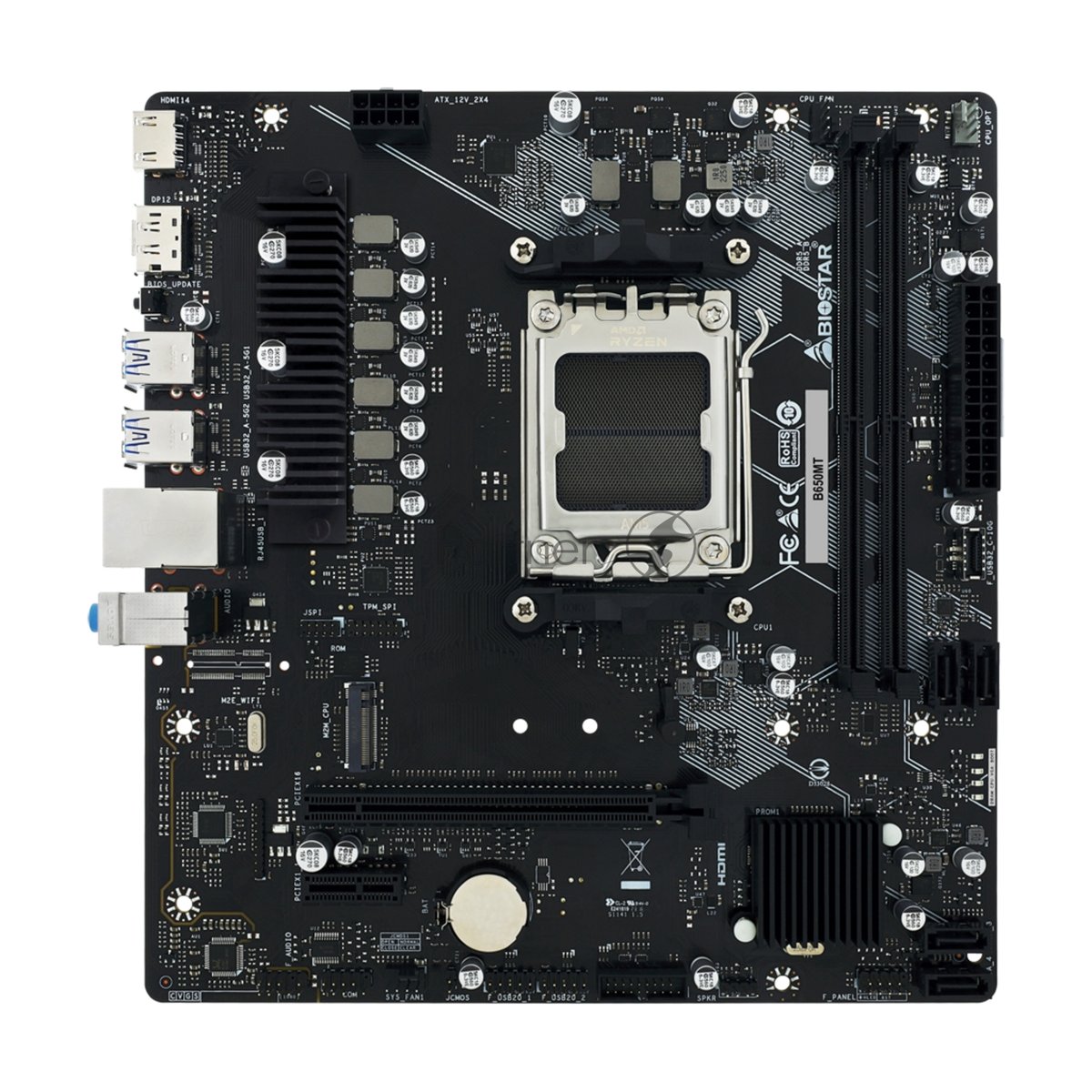 Материнская плата Biostar B650MT, AM5, AMD B650, 2xDDR5, 4xSATA, 1xM.2, 1xPCIe 4.0 x16, 1xPCIe x1, DisplayPort, HDMI, 1x 1Gb LAN, 6xUSB, 3x3.5 мм, 7.1, microATX
