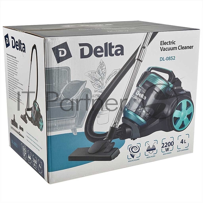 Пылесос Delta DL-0852 черный/бирюзовый, 350/2200 Вт, уборка сухая, пылесборник контейнер, 4 л