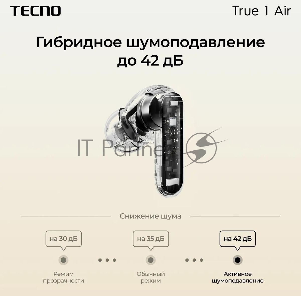 Наушники TWS Tecno True 1 (TU01) белый (кремовый), внутриканальные, Bluetooth, адаптивное шумоподавление, до 6 ч