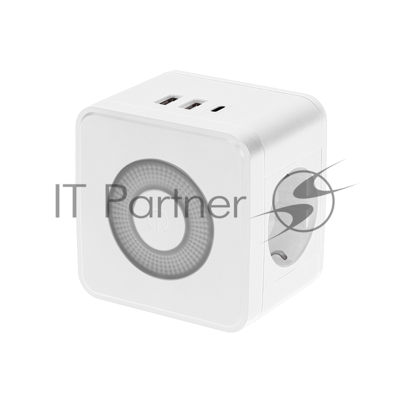 Rexant Двойник электрический Куб 16А с заземлением + 2х USB-A 2,4А + USB Type-C 3А с ночной подсветкой, белый