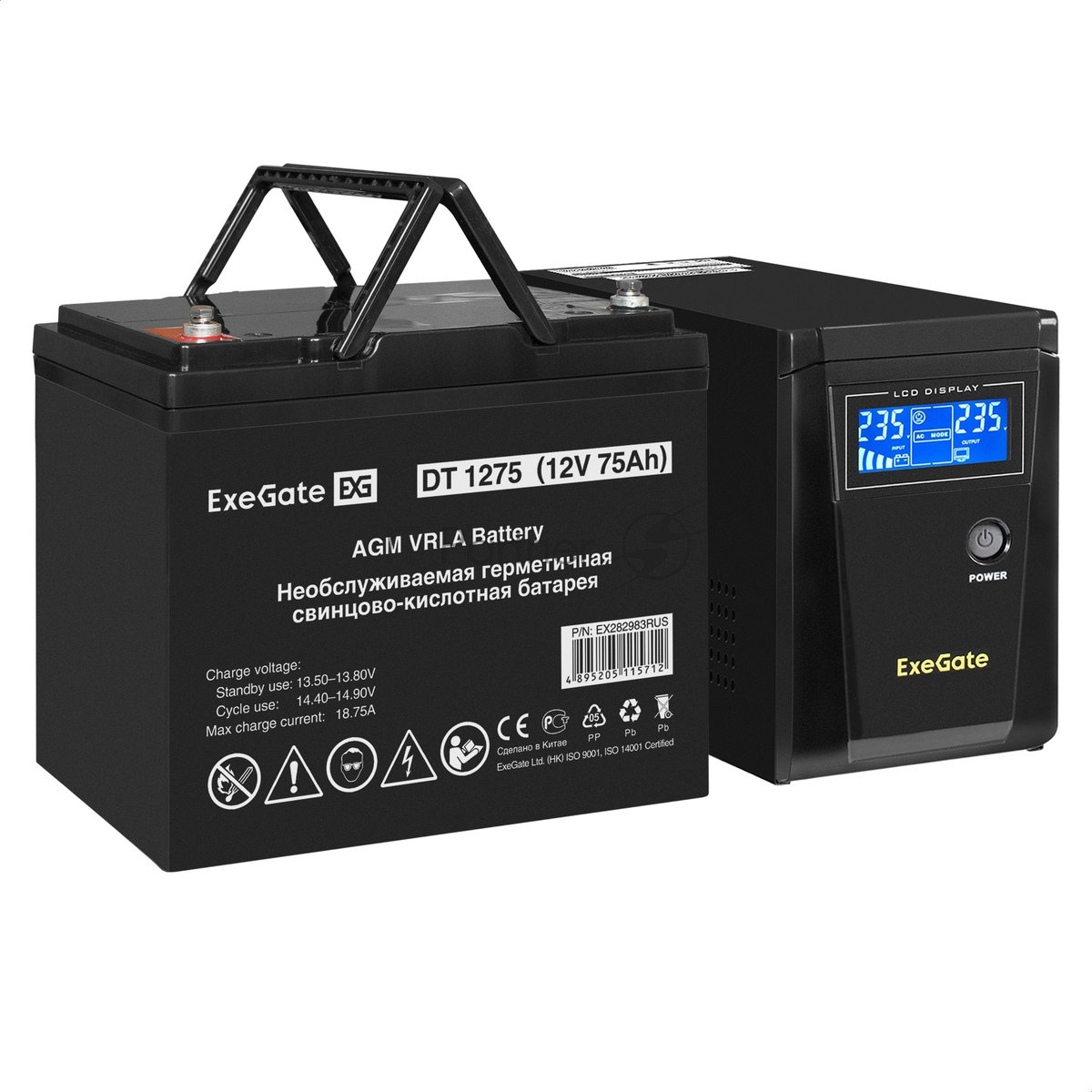 Комплект Источник бесперебойного питания EX295986RUS + батарея 75Aч EX282983RUS 1шт (инвертор, синус, для котла) ExeGate SineTower SZ-600.LCD.AVR.1SH <600VA/360W, чистый синусоида, LCD дисплей, AVR, 1*Schuko, линейно-интерактивный, Black> + батарея ExeGate DT 1275 (12В, 75Ач) 1шт