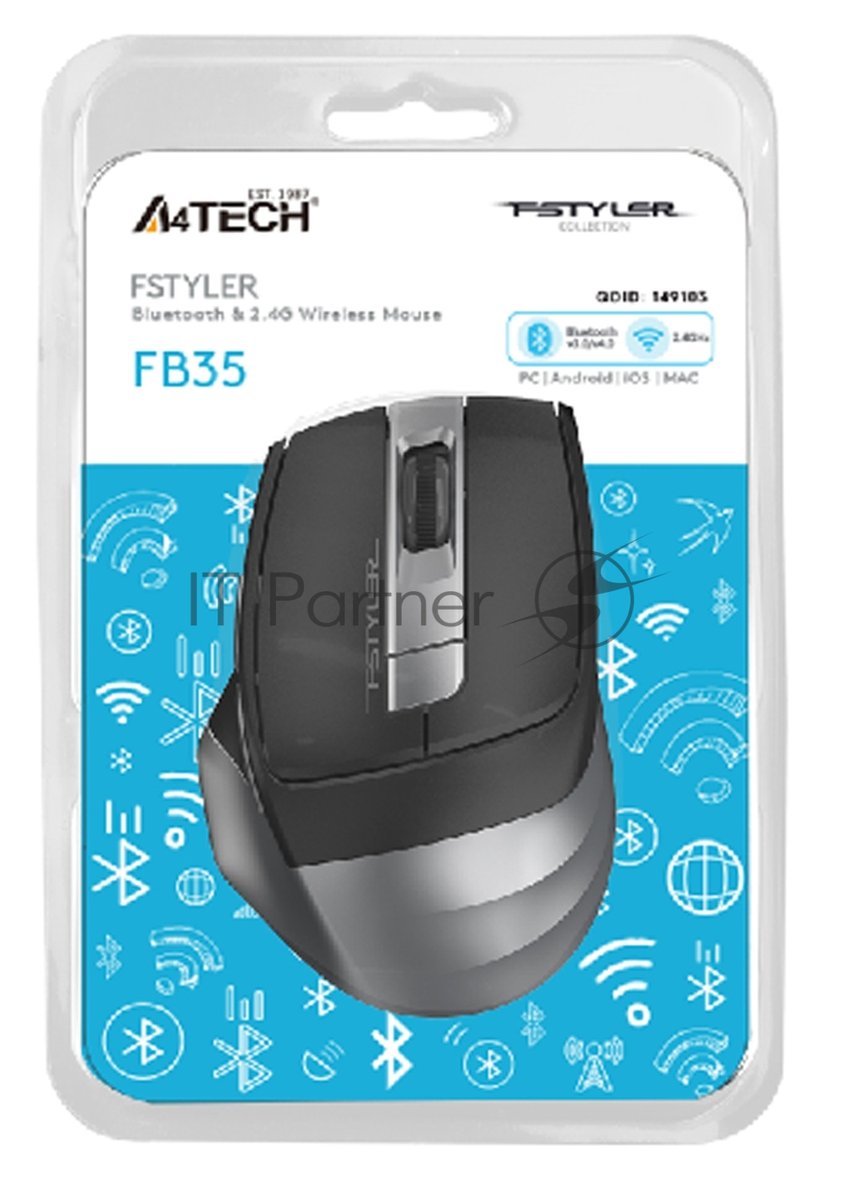 Мышь беспроводная A4Tech Fstyler FB35 серый, 2000 dpi, радиоканал, Bluetooth, USB, кнопки - 6