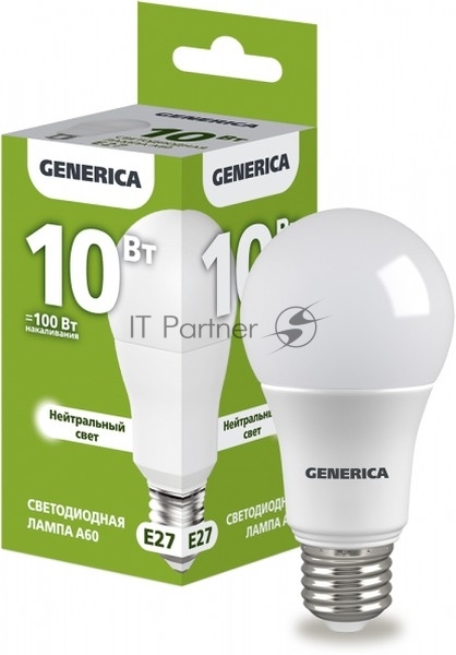 Лампа светодиодная A60 груша 10Вт 230В 4000К E27 GENERICA