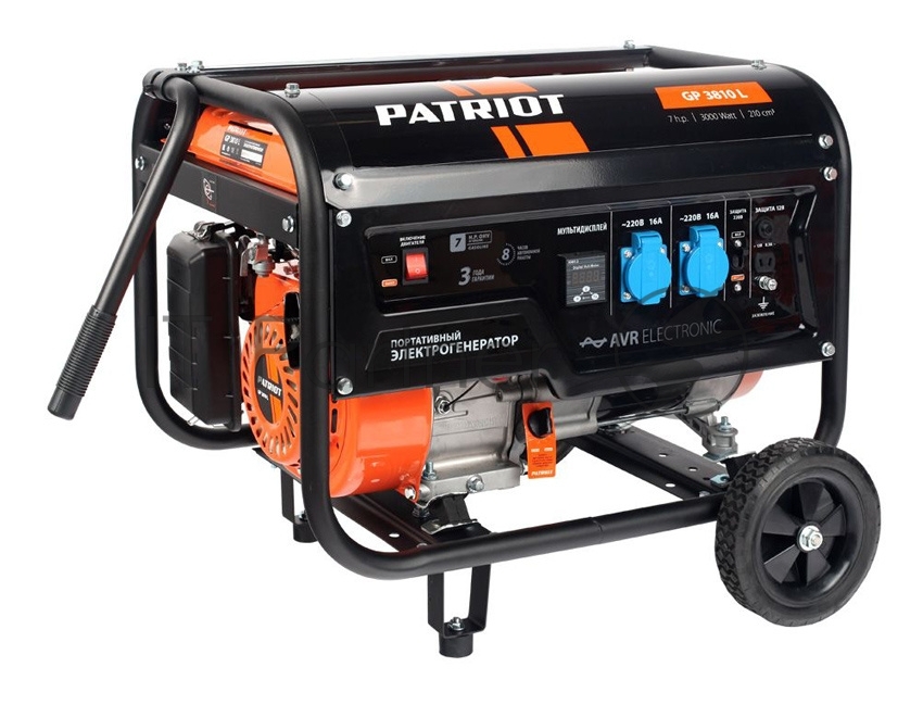 Генератор бензиновый PATRIOT  GP 3810L [474101545] {Двигатель: 4т, OHV, АИ-92, 210 сс, 7.0 л.с; Мощность ном/макс: 2.8/3.0 кВт; Объём бака: 15 л; Розетки: 2 евро 16А;  Вес: 46 кг;}