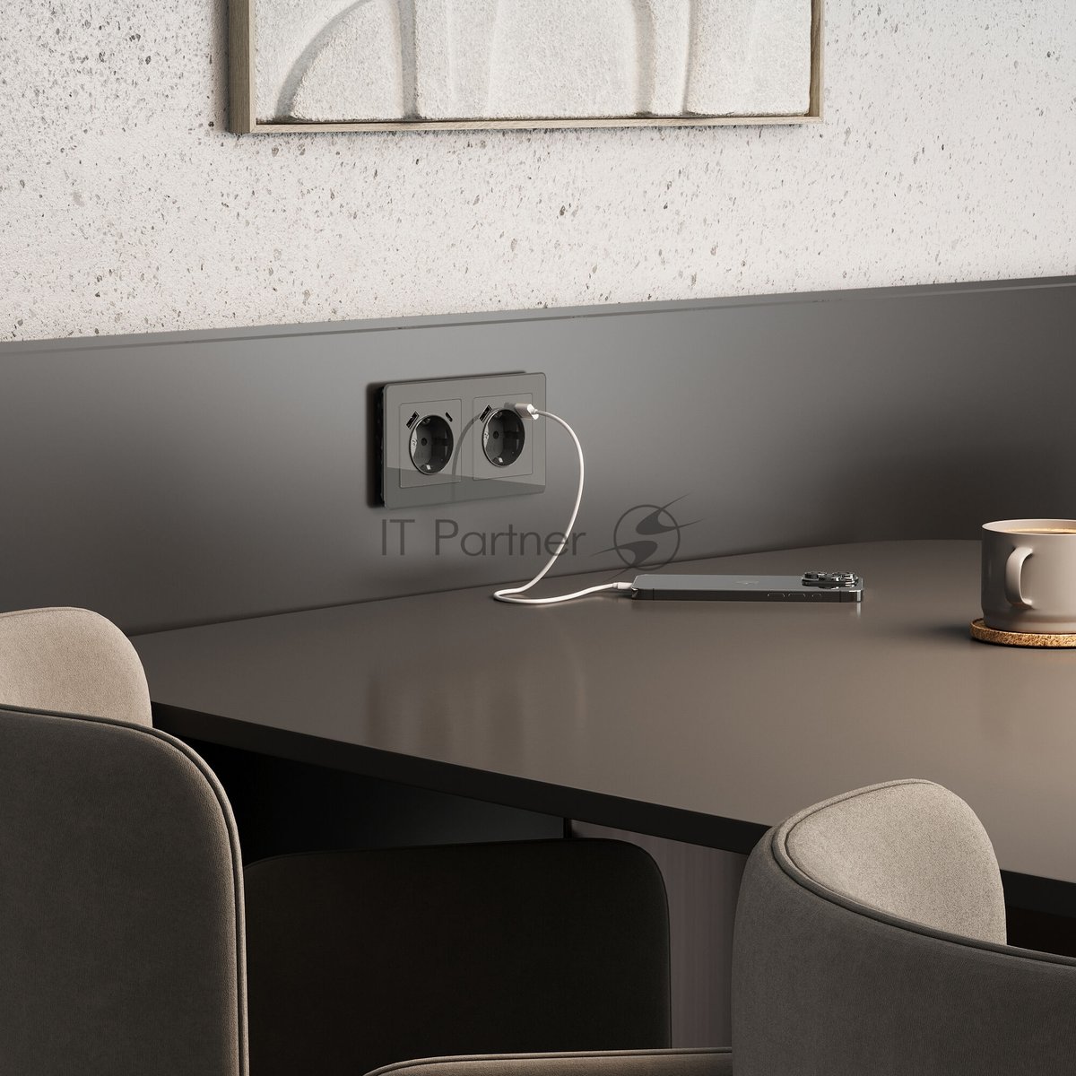 Розетка с заземлением, шторками и USB тип A+C (графит акрил)
