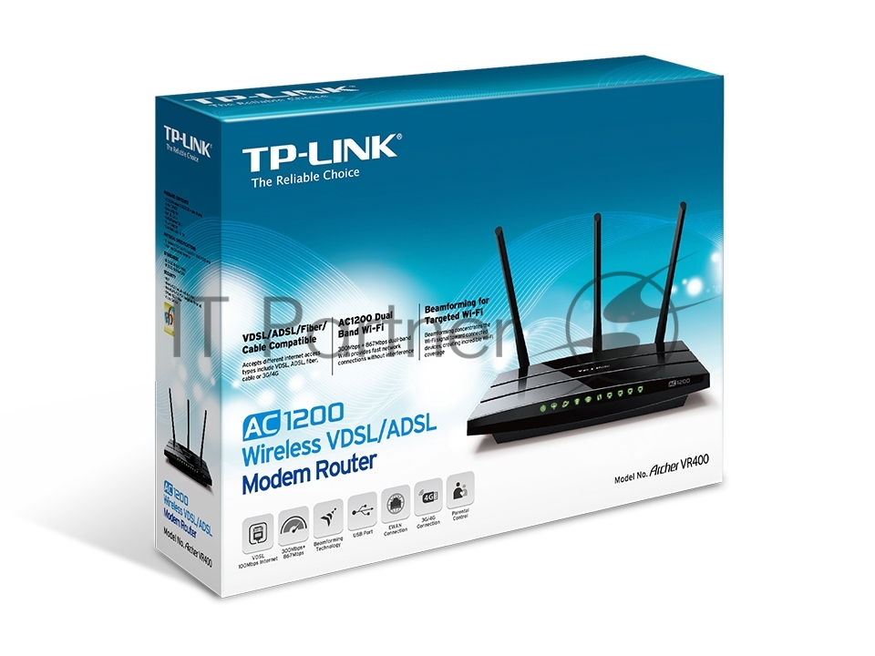 Беспроводный двухдиапазонный TP-Link маршрутизатор с VDSL/ADSL модемом SOHO Archer VR400, 867 Мбит/с + 300 Мбит/с, VDSL2/ADSL2+, Annex A, 4 порта 100 Мбит/с, 1 порт WAN 1000 Мбит/с, 1 порт USB 2.0