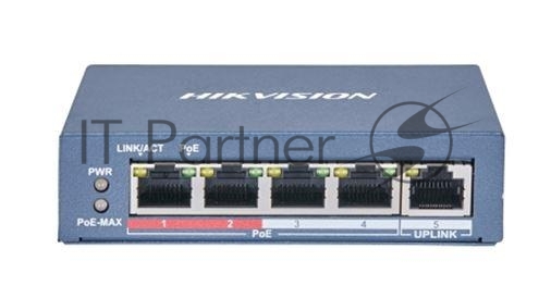 DS-3E0105P-E(B) - Коммутатор, Hikvision, DS-3E0105P-E(B), Неуправляемый, 4 x 10/100 Mbps, РоЕ 802.3af/at 60W, 1 x 10/100 Mbps RJ45, Настольный, Long Range Ports 1 to 4: up to 300 m.
