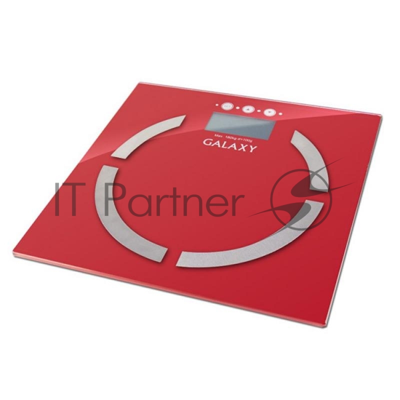 Весы многофункциональные Galaxy GL 4851, красный, электронные, эл. пит. "CR2032" в компл., макс вес 180 кг, сверхточ. элек. сенс. сист., ЖК-дисплей, авто. откл., индик. перег. и низ. зар., пам. изм. веса (10 чел.), опр. ур. жир., мышеч., кост. массы