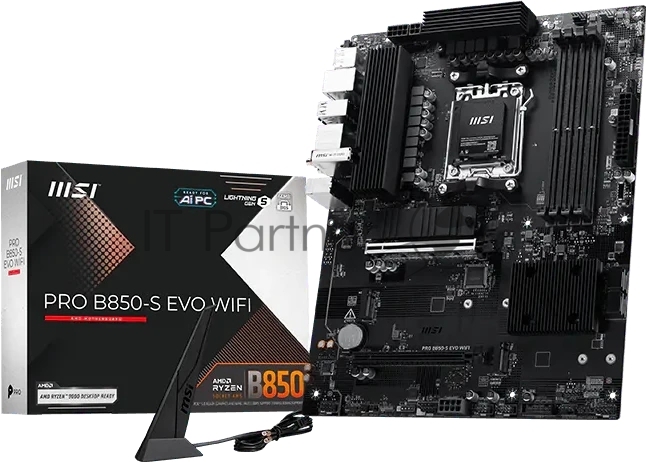 Материнская плата MSI PRO B850-S EVO WIFI, AM5, AMD B850, 4xDDR5 (до 256 ГБ), 4xSATA, 3xM.2 (1xPCIe 5.0, 2xPCIe 4.0), 1xPCIe 5.0 x16, 1xPCIe 4.0 x16, 1xHDMI, 1xDP, 1x5Gb LAN, Wi-Fi 7, Bluetooth 5.4, 1xUSB-C 10Gbps, 2xUSB-A 10Gbps, 2xUSB-A 5Gbps, 4xUSB-A 2.0, 3x3.5 мм, 7.1, чёрный, ATX