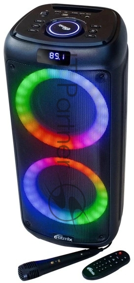 RITMIX SP-875B black {Bluetooth, 30 Гц -18 КГц, FM-радио, RGB-подсветка, AUX, USB, microSD (до 32 Гб, MP3), дисплей: LED, до 6 часов, вход: Jack 6.3 мм, Jack 3.5 мм, USB, 3600 мАч}
