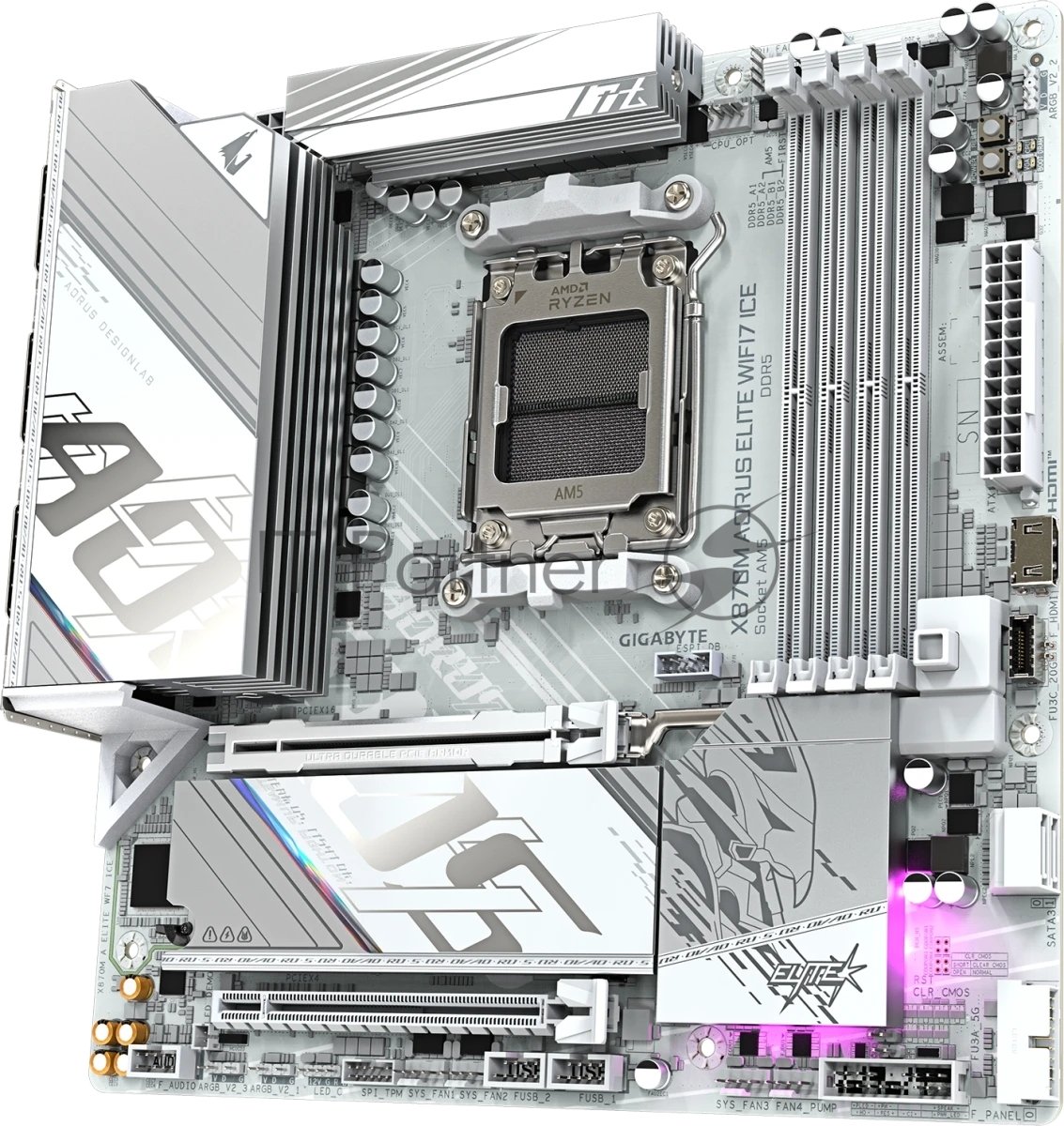 Материнская плата Gigabyte X870M AORUS ELITE WIFI7 ICE, AM5, AMD X870, 4xDDR5, 2xSATA, 2xM.2, 1xPCIe 5.0 x16, 1xPCIe 4.0 x16, 1xHDMI, 1x2.5Gb LAN, Wi-Fi 7, Bluetooth 5.4, 2xUSB-C 40Gbps (USB4), 2xUSB-A 10Gbps, 4xUSB-A 5Gbps, 4xUSB-A 2.0, 3x3.5 мм + S/PDIF оптический, 7.1, белый, mATX