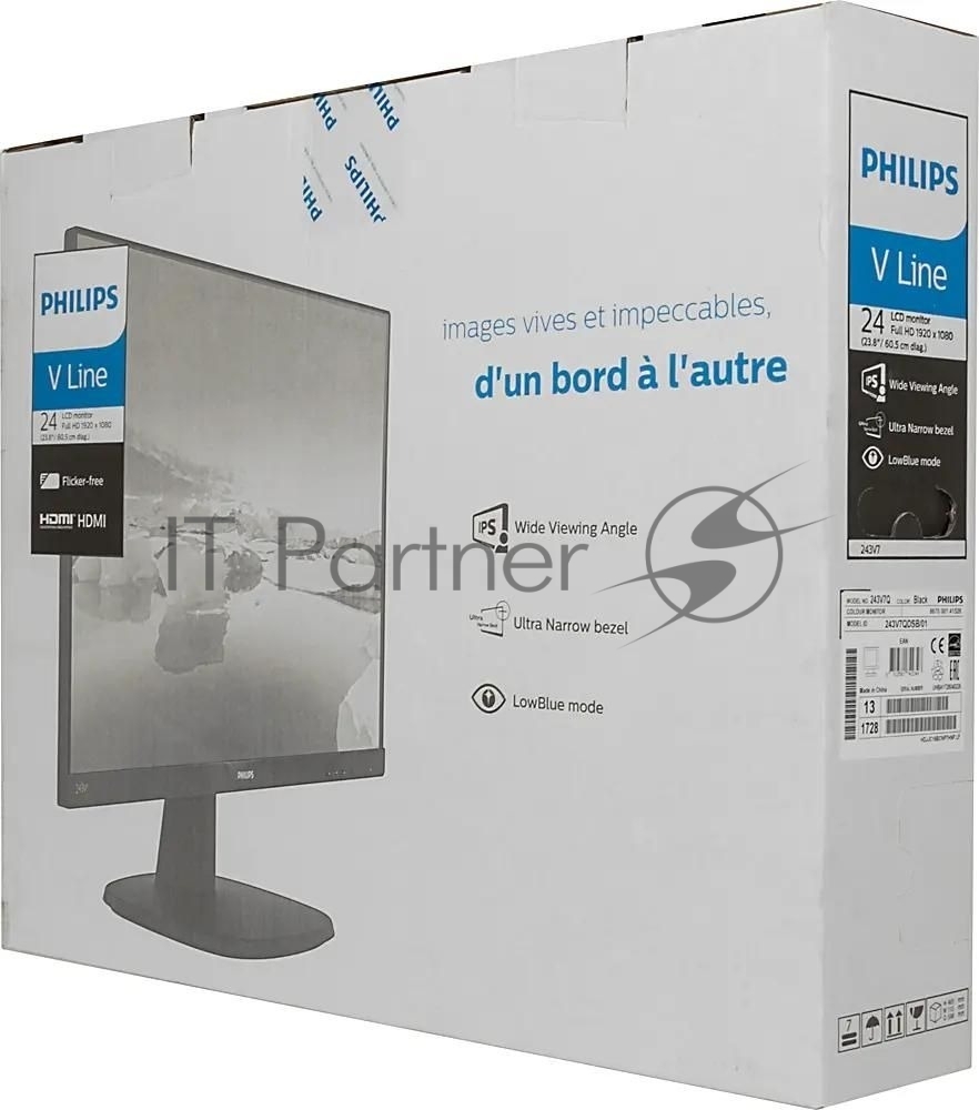 Монитор 23.8" Philips 243V7QDSB IPS 1920x1080, 75 Гц, 4 мс, 16:9, 250 кд/м2, 1xHDMI, 1xDVI, 1xVGA, черный