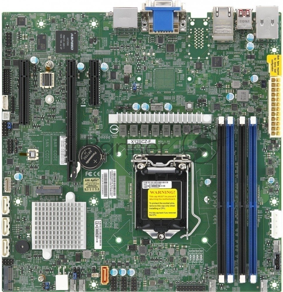 Материнская плата SuperMicro MBD-X12SCZ-F-O, LGA1200, Intel W480E, 4xDDR4, 4xSATA, 1xM.2, 1xPCIe x16, 2xPCIe x4, 1xPCIe x1, 2xRJ45, 1xDVI-D, 2xDP, 1xVGA, 1xCOM, 1xDOM, TPM 2.0, 6xUSB 2.0 (внутренние), 1xM.2 (E-Key для Wi-Fi), mATX (OEM)