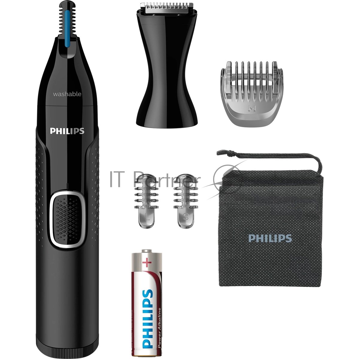 Триммер Philips для носа и ушей, черный, корпус - пластик, 3 насадки-гребня, насадка - триммер, щеточка для очистки, мягкий чехол, батарейка