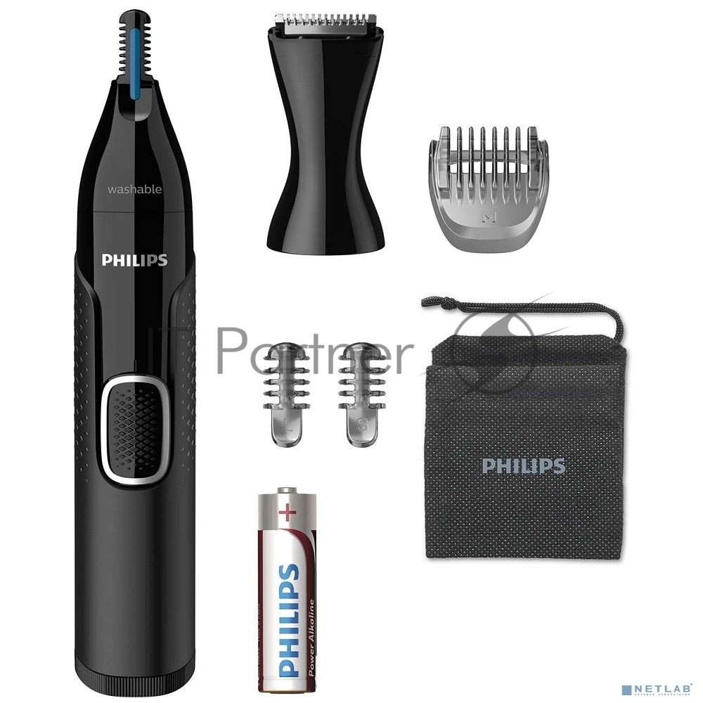 Триммер Philips для носа и ушей, черный, корпус - пластик, 3 насадки-гребня, насадка - триммер, щеточка для очистки, мягкий чехол, батарейка
