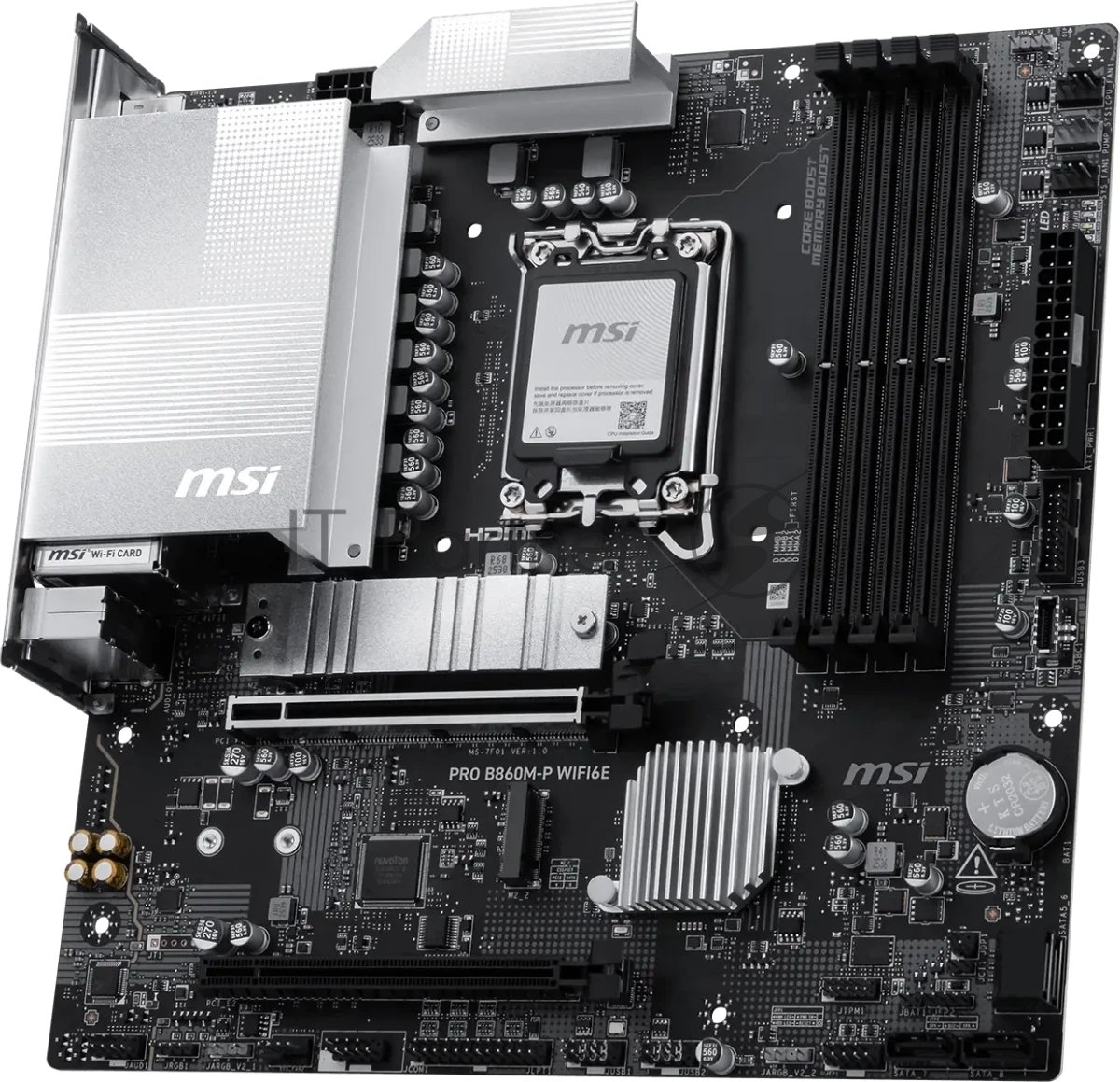 Материнская плата MSI PRO B860M-P WIFI6E, LGA 1851, Intel B860, 4xDDR5 (до 256 ГБ), 4xSATA, 2xM.2 (1xPCIe 5.0, 1xPCIe 4.0), 1xPCIe 5.0 x16, 1xPCIe 4.0 x16, 1xVGA, 1xHDMI, 2xDP, 1x2.5Gb LAN, Wi-Fi 6E, Bluetooth 5.3, 3xUSB-A 5Gbps, 2xUSB-A 2.0, 3x3.5 мм, 7.1, чёрный, mATX