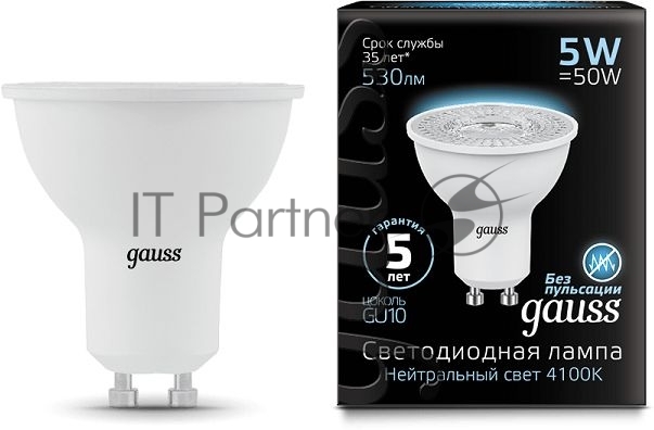 Лампа светодиодная Gauss черный 5Вт цок.: GU10 рефлек. 220B 4100K св. свеч. бел. ней. MR16 (упак.: 10 шт)