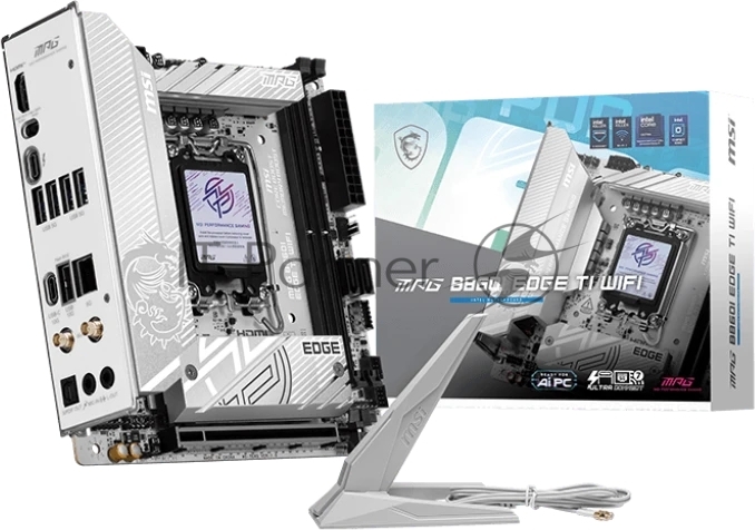 Материнская плата MSI MPG B860I EDGE TI WIFI, LGA 1851, Intel B860, 2xDDR5 (до 128 ГБ), 2xSATA, 2xM.2 (1xPCIe 5.0, 1xPCIe 4.0/SATA), 1xPCIe 5.0 x16, 1xHDMI, 1x5Gb LAN, Wi-Fi 7, Bluetooth 5.4, 1xUSB-C 40Gbps (Thunderbolt 4), 1xUSB-C 10Gbps, 1xUSB-A 10Gbps, 4xUSB-A 5Gbps, 2xUSB-A 2.0, 3x3.5 мм + S/PDIF оптический, 7.1, белый/серебристый, Mini-ITX