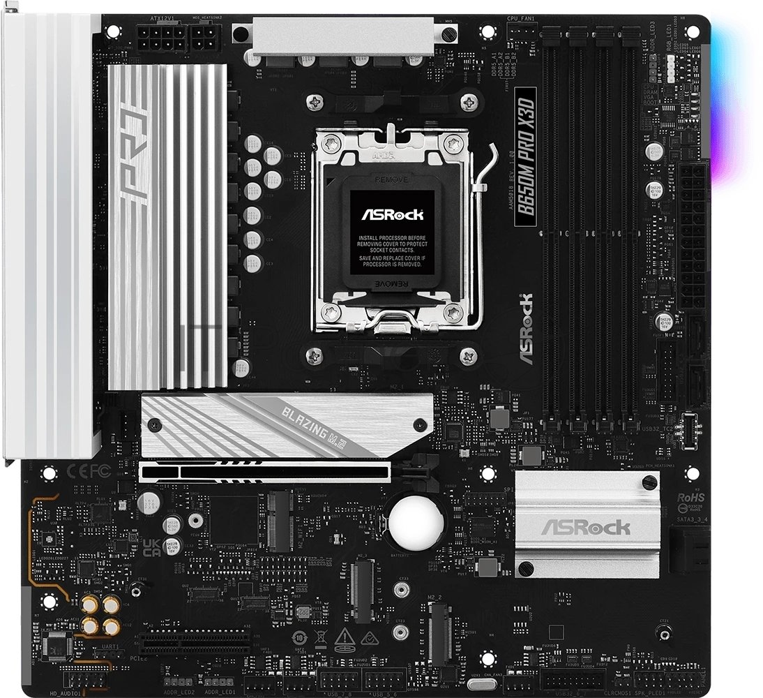 Материнская плата ASRock B650M Pro X3D, AM5, AMD B650, 4xDDR5, 4xSATA, 3xM.2, 1xPCIe 5.0 x16, 1xPCIe 4.0 x4, 1xHDMI, 1xDP, 1x2.5Gb LAN, 1xUSB-C 10Gbps, 1xUSB-A 10Gbps, 2xUSB-A 5Gbps, 4xUSB-A 2.0, 3x3.5 мм, 7.1, mATX