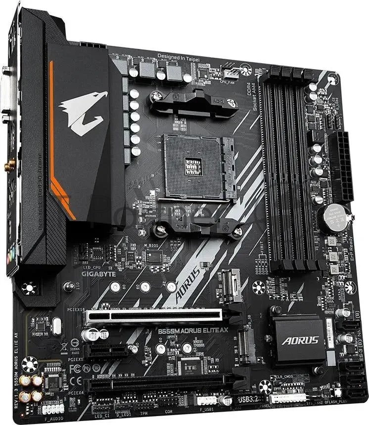Материнская плата GIGABYTE B550M AORUS ELITE AX, AM4, AMD B550, 4xDDR4, 4xSATA, 2xM.2, 1xPCIe 4.0 x16, DVI-D, HDMI, 1x1Gb LAN, 3x3.5 мм, 7.1, microATX