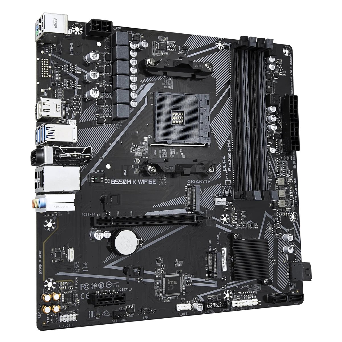 Материнская плата Gigabyte B550M-K WIFI6E, AM4, AMD B550, 4xDDR4, 4xSATA, 2xM.2, 1xPCIe 4.0 x16, 1xPCIe 3.0 x1, 1xHDMI, 1xDP, 1x1Gb LAN, Wi-Fi 6E, Bluetooth 5.3, 4xUSB-A 5Gbps, 4xUSB-A 2.0, 1xPS/2, 3x3.5 мм, 7.1, mATX