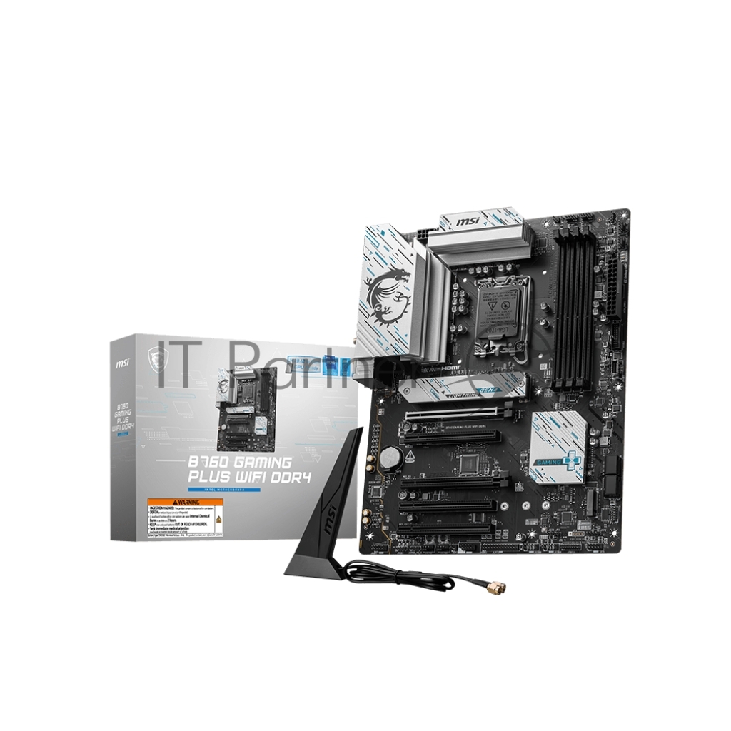 Материнская плата MSI B760 GAMING PLUS WIFI DDR4, LGA 1700, Intel B760, 4xDDR4, 4xSATA, 2xM.2, 1xPCI-E 4.0 x16, 1xPCI-E 4.0 x4, 3xPCI-E 3.0 x1, 1xHDMI, 1xDP, 2xUSB 3.2 Gen 2, 4xUSB 2.0, 1xUSB 3.2 Gen 2, 1x 2.5Gb LAN, 5x3.5 мм, 7.1, ATX