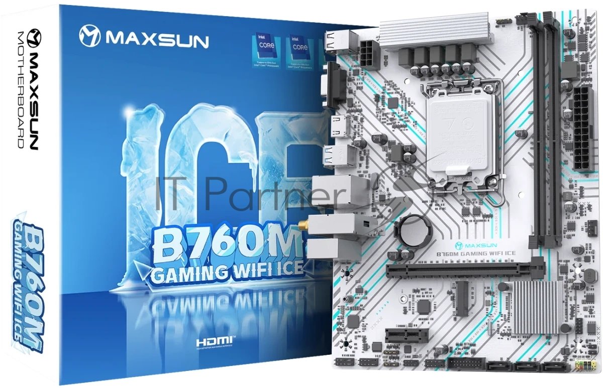 Материнская плата Maxsun B760M GAMING WIFI ICE, LGA 1700, Intel B760, 2xDDR4, 3xSATA, 1xM.2, 1xPCIe 4.0 x16, 1xPCIe x1, 1xVGA, 1xHDMI, 1x1Gb LAN, Wi-Fi 5, Bluetooth 4.2, 2xUSB-A 5Gbps, 4xUSB-A 2.0, 3x3.5 мм, 7.1, белый, mATX