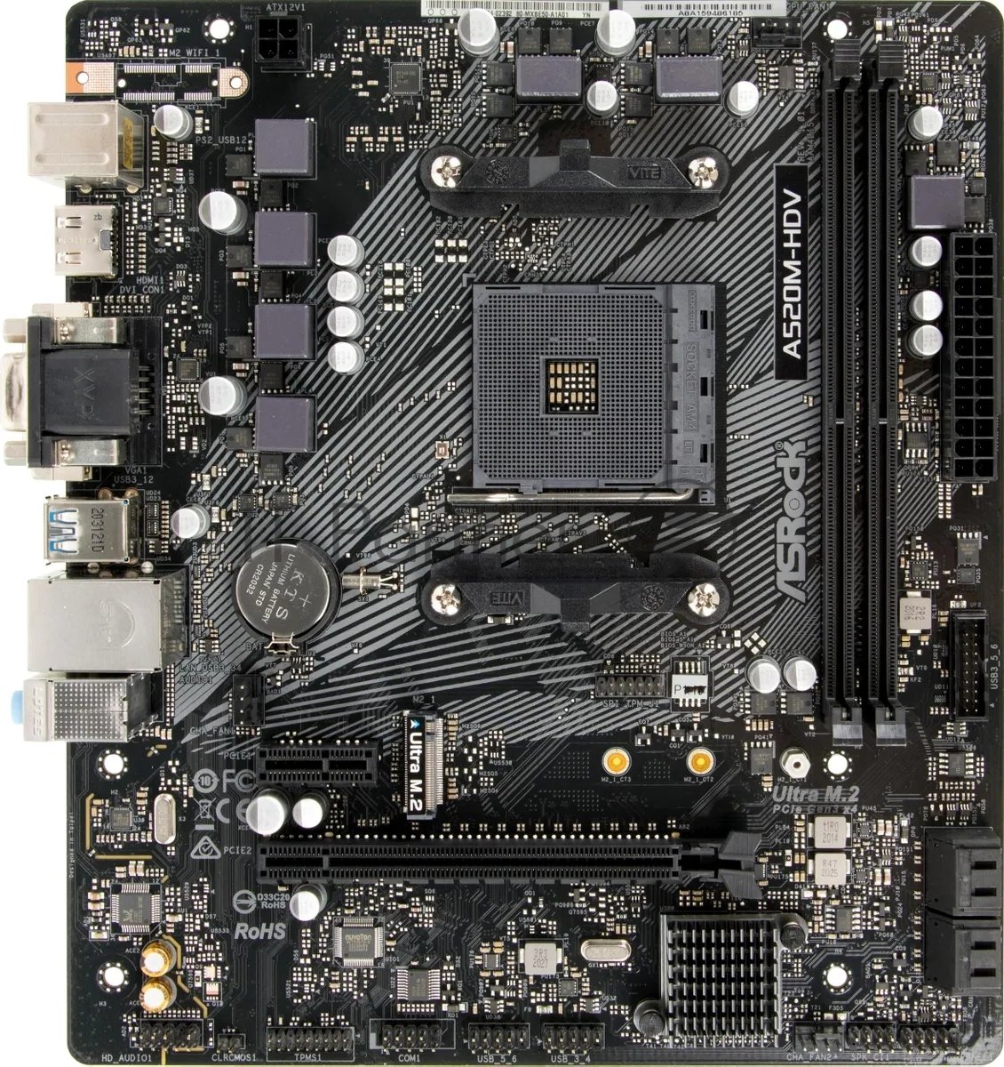 Материнская плата ASRock A520M-HDV, Socket AM4, AMD A520, 2xDDR4-3200, D-SUB+DVI-D+HDMI, 1xPCI-Ex16, 1xPCI-Ex1, 4xSATA3(RAID 0/1/10), 1xM.2, 8 Ch Audio, GLan, (2+4)xUSB2.0, (4+2)xUSB3.2, 1xPS/2, mATX, RTL {20} (932267)