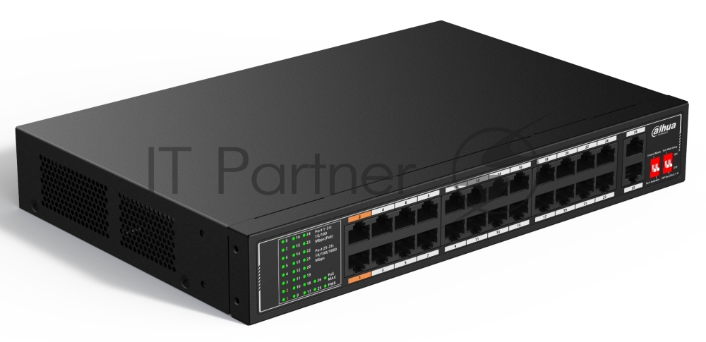 Коммутатор настраиваемый 26-портовый с РоЕ Dahua DH-SF1026LP, 24xRJ45 100Mb PoE, 2xRJ45 1Gb uplink, суммарно 190Вт, коммутация 8.8 Гбит/с, MAC-таблица 8K, металл