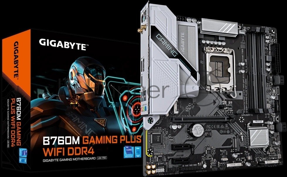 Материнская плата Gigabyte B760M GAMING PLUS WIFI DDR4, LGA1700, Intel®B760, 2xDDR4-3200, HDMI+DP, 1xPCI-Ex16, 2xPCI-Ex1, 4xSATA3(RAID 0/1/5/10), 2xM.2, 8Ch Audio, GLan, WiFi, (4+4)xUSB2.0, (3+2)xUSB3.2, (0+1)xUSB3.2 Type-C™, 1xPS/2, mATX, RTL bp (B760M GAMING PLUS WIFI DDR4 плохая упаковка)