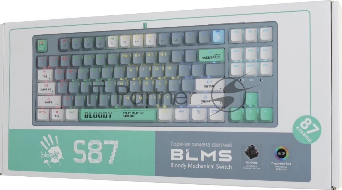 Клавиатура проводная A4Tech Bloody S87 Energy USB серый/зеленый