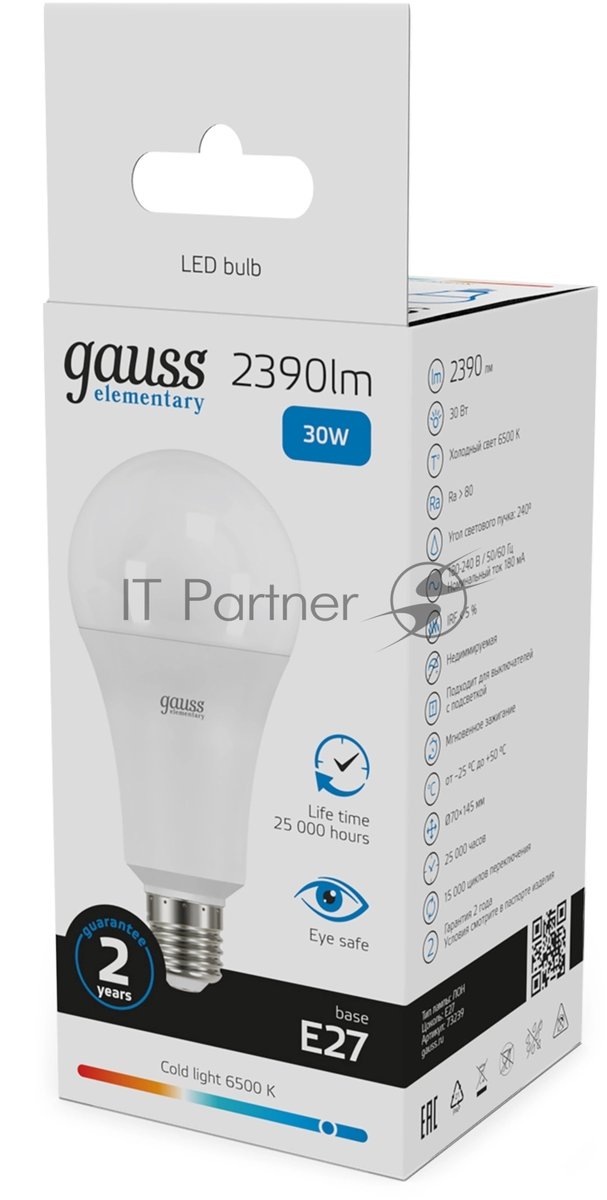Лампа светодиодная Gauss Elementary A67 30Вт цок.:E27 груша 220B св.свеч.бел.хол. (упак.:10шт) (73239)