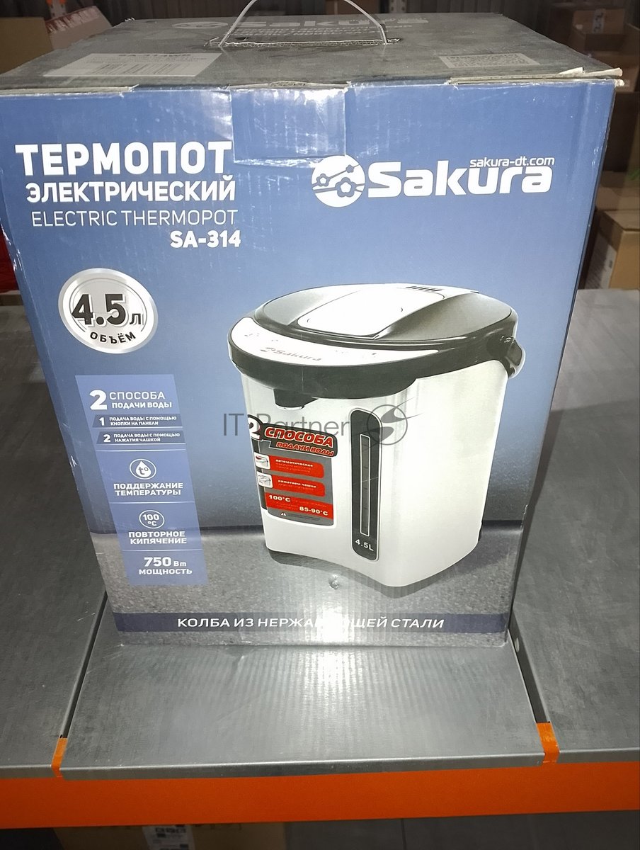 Термопот Sakura SA-314WB Мощность 750Вт. Объем 4,5л. Тип управления: кнопочный. 2 способа подачи воды. Материал колбы и корпуса - нерж. сталь. С функцией кипячения и поддержания температуры на уровне 85-90°С. Двойная защита от перегрева и включения без воды. Цвет черный/белый.