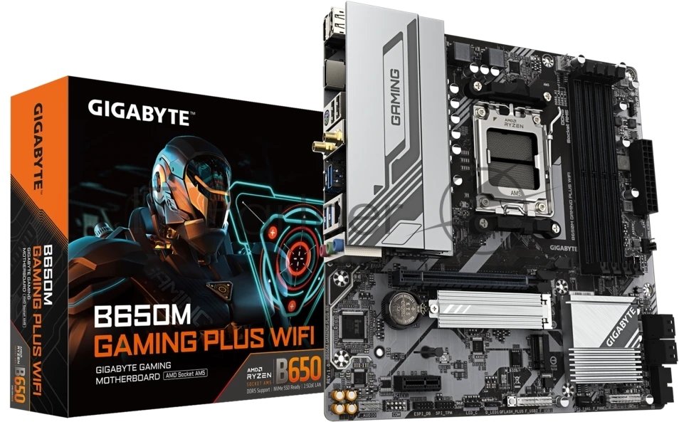 Материнская плата Gigabyte B650M GAMING PLUS WIFI, AM5, AMD B650, 4xDDR5, 4xSATA, 2xM.2, 1xPCIe 4.0 x16, 1xPCIe x1, 1xHDMI, 2xDP, 1x2.5Gb LAN, Wi-Fi 6E, Bluetooth 5.3, 1xUSB-C 5Gbps, 3xUSB-A 5Gbps, 2xUSB-A 2.0, 1xPS/2, 3x3.5 мм, 7.1, mATX