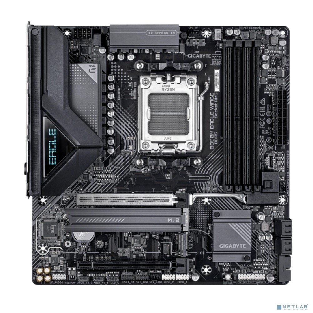 Материнская плата Gigabyte B850M EAGLE WIFI6E, AM5, AMD B850, 4xDDR5, 4xSATA, 2xM.2, 1xPCIe 5.0 x16, 1xPCIe 3.0 x16, 1xHDMI, 2xDP, 1x2.5Gb LAN, Wi-Fi 6E, Bluetooth 5.3, 1xUSB-C 10Gbps, 2xUSB-A 10Gbps, 2xUSB-A 5Gbps, 4xUSB-A 2.0, 1xPS/2, 3x3.5 мм, 7.1, mATX