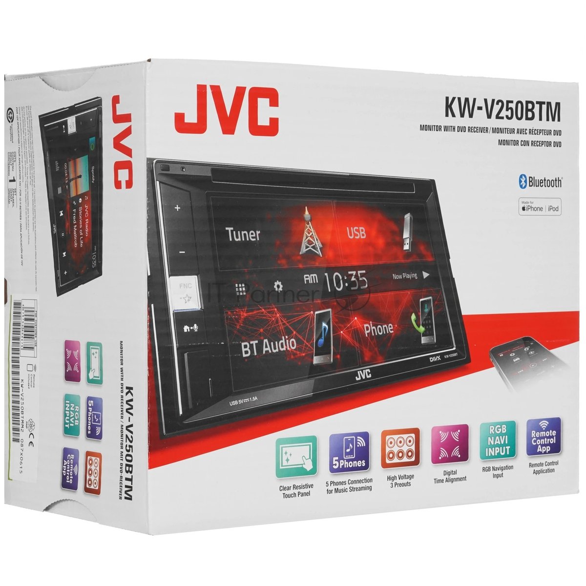 Автомагнитола JVC KW-V250BTM, 2 DIN, 6.2", Bluetooth, CarPlay