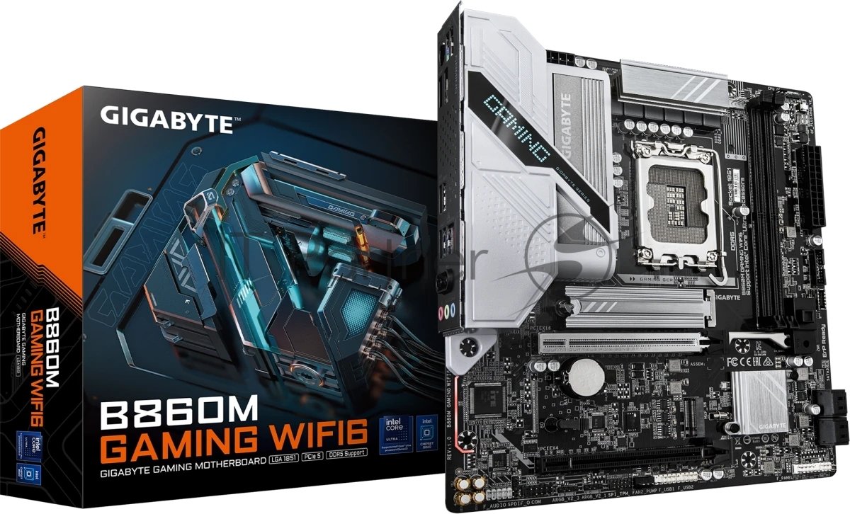 Материнская плата Gigabyte B860M GAMING WIFI6, LGA 1851, Intel B860, 2xDDR5, 4xSATA, 2xM.2, 1xPCIe 5.0 x16, 1xPCIe 4.0 x16, 1xHDMI, 1xDP, 1x2.5Gb LAN, Wi-Fi 6, Bluetooth 5.3, 3xUSB-A 5Gbps, 3xUSB-A 2.0, 1xPS/2, 3x3.5 мм, 7.1, mATX