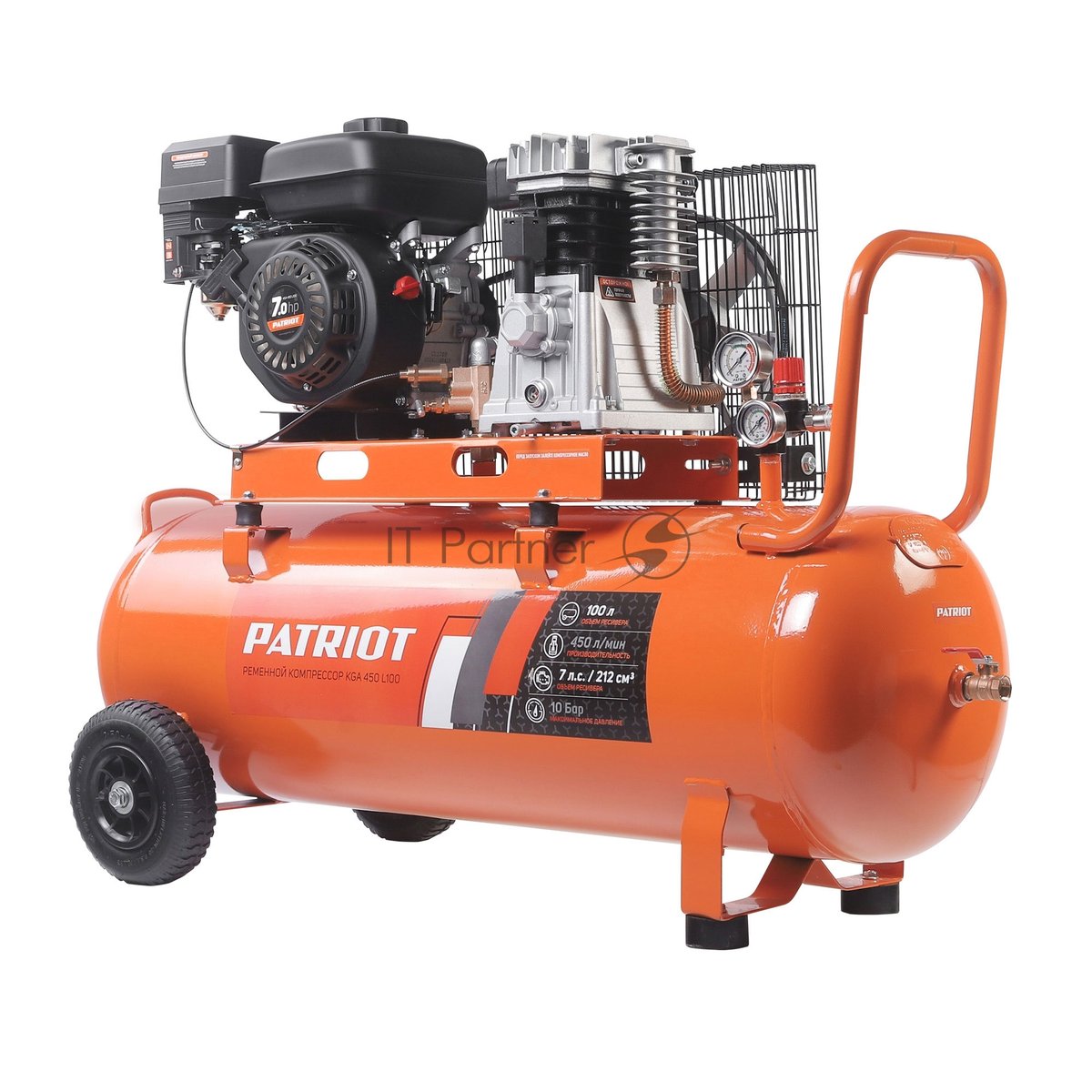 Компрессор Patriot бензиновый KGA 450 L100 [525102410] { 450 л/мин, 10 бар, 100 л, 7 лс, быстросъем и «елочка» с вентилем }