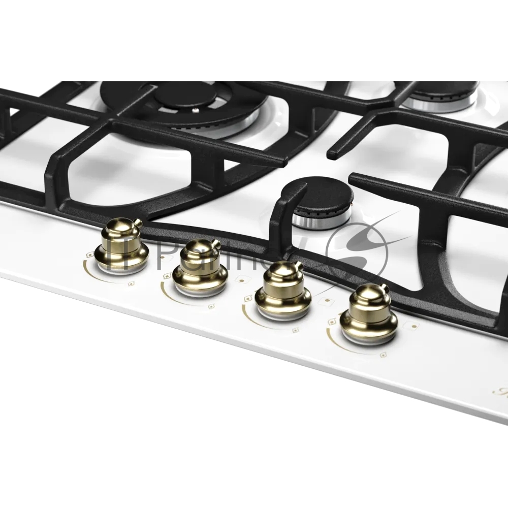 Варочная поверхность Kuppersberg FS 610 W Bronze, газ, Classic, 61 см, автоматический электроподжиг, газ-контроль, SABAF конфорки, чугунные решетки, цвет белый, цвет фурнитуры бронзовый