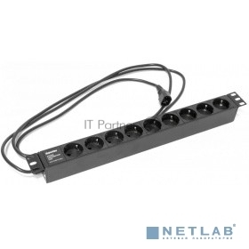 Hyperline SHE19-9SH-2.5IEC Блок розеток для 19" шкафов, горизонтальный, 9 розеток Schuko (10A), 250В, кабель питания 3х1.0мм2, длина 2.5 м, с вилкой IEC 320 C14, 482.6x44.4x44.4мм (ДхШхВ)